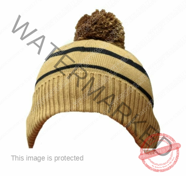 This is a photograph of Bamboo Beanie, tan with black stripes and a pom pom available from Bamboo Creations Victoria
