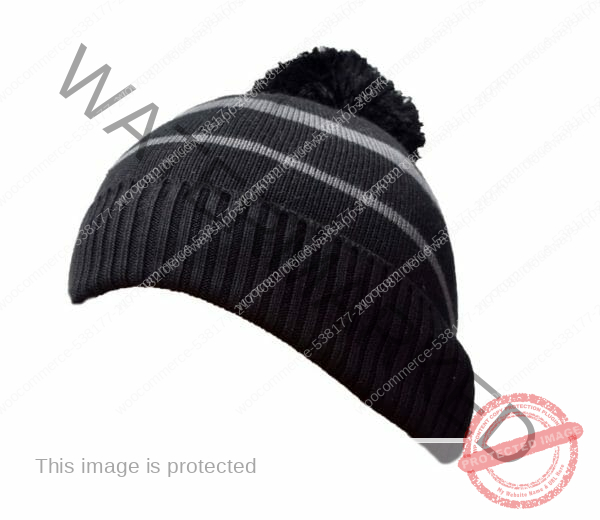 This is a photograph of Bamboo Beanie with slate stripes and a pom pom available from Bamboo Creations Victoria
