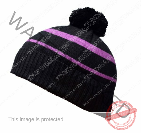 This is a photograph of Bamboo Beanie with purple stripes and a pom pom available from Bamboo Creations Victoria